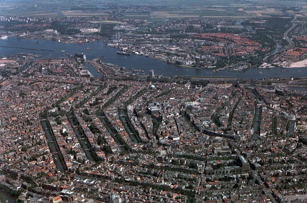 Aerial view of central Amsterdam and its canals