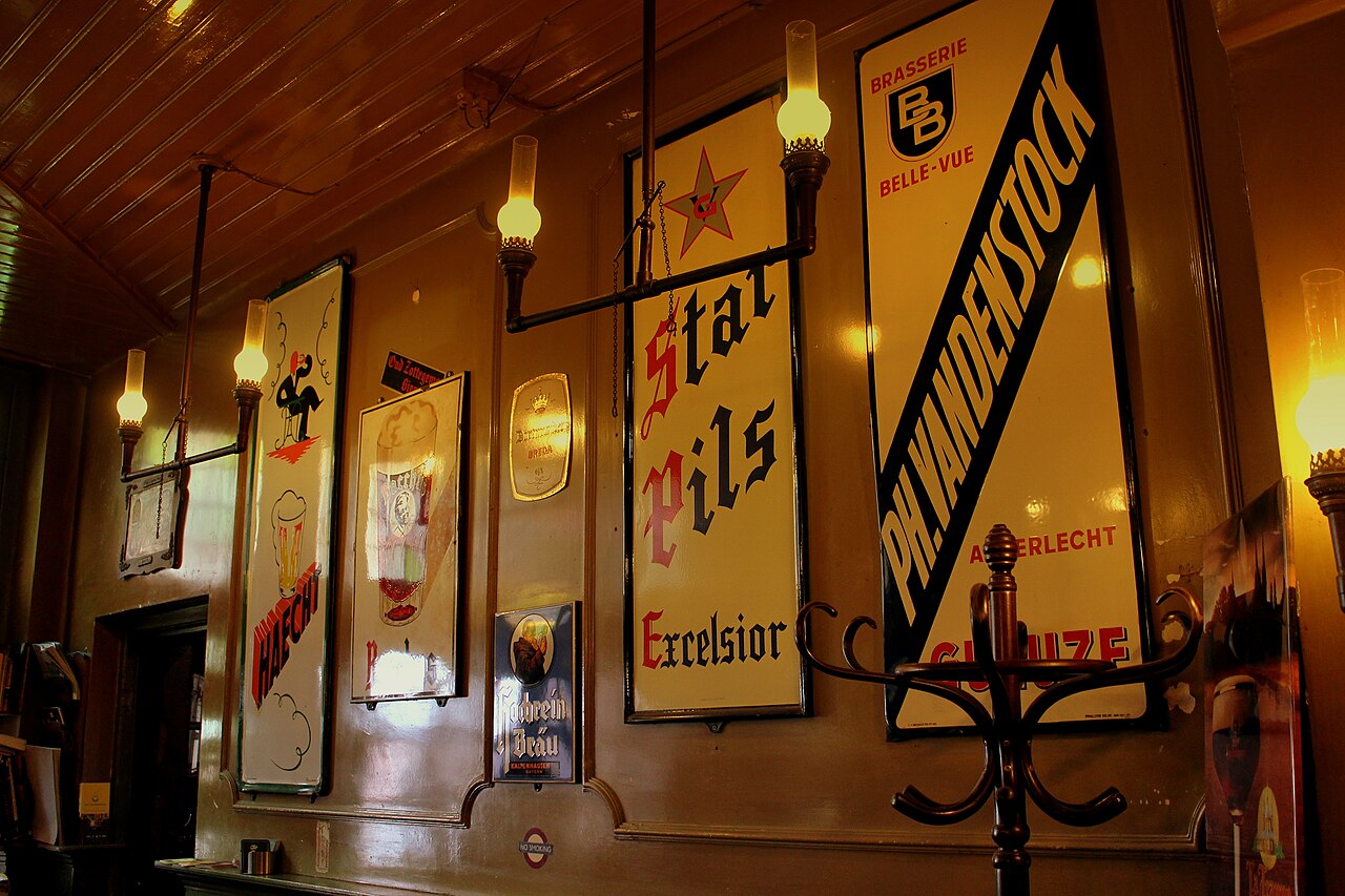 Inside the In de Wildeman beer bar, with its old enamel advertising signs