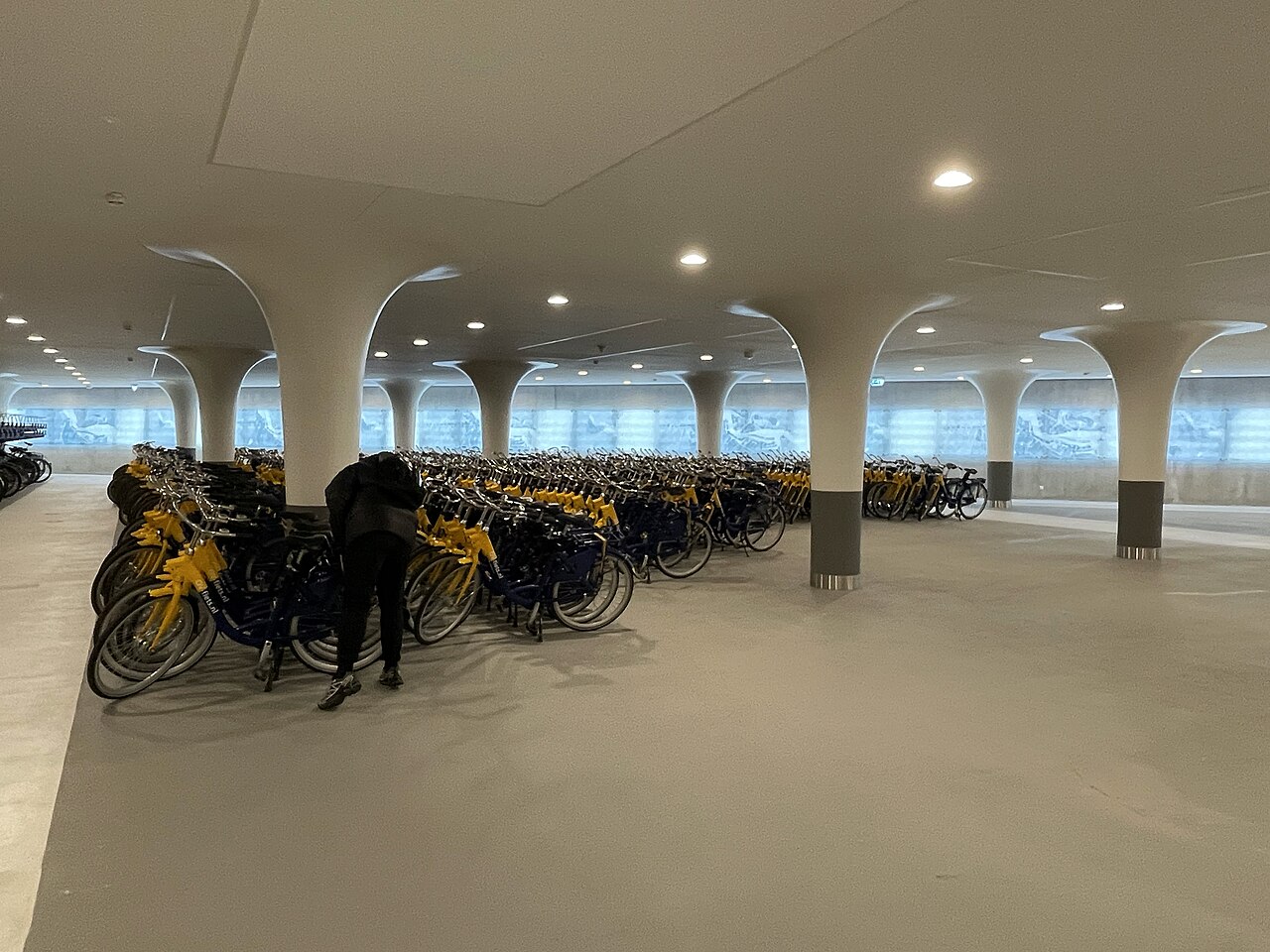 Geel-blauwe OV-fietsen in de ondergrondse fietsenstalling bij Centraal Station