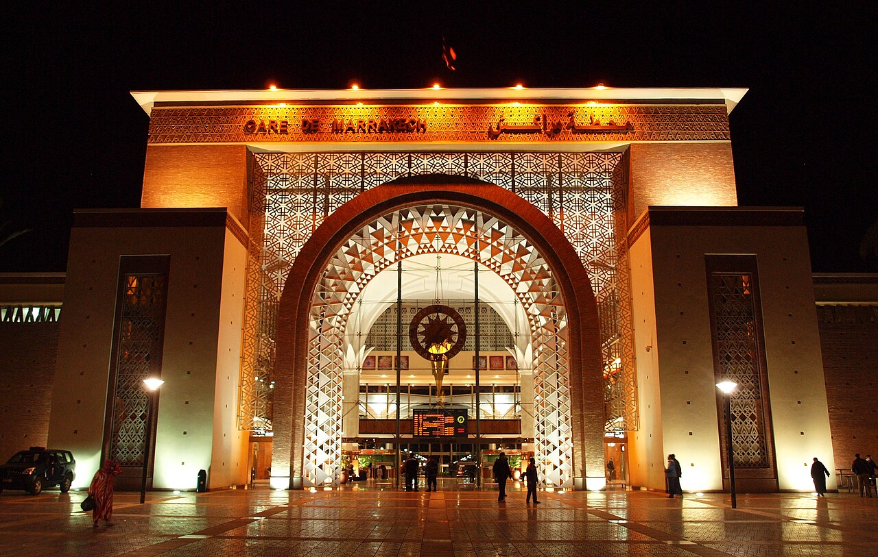 The façade of Marrakech railway station at night
